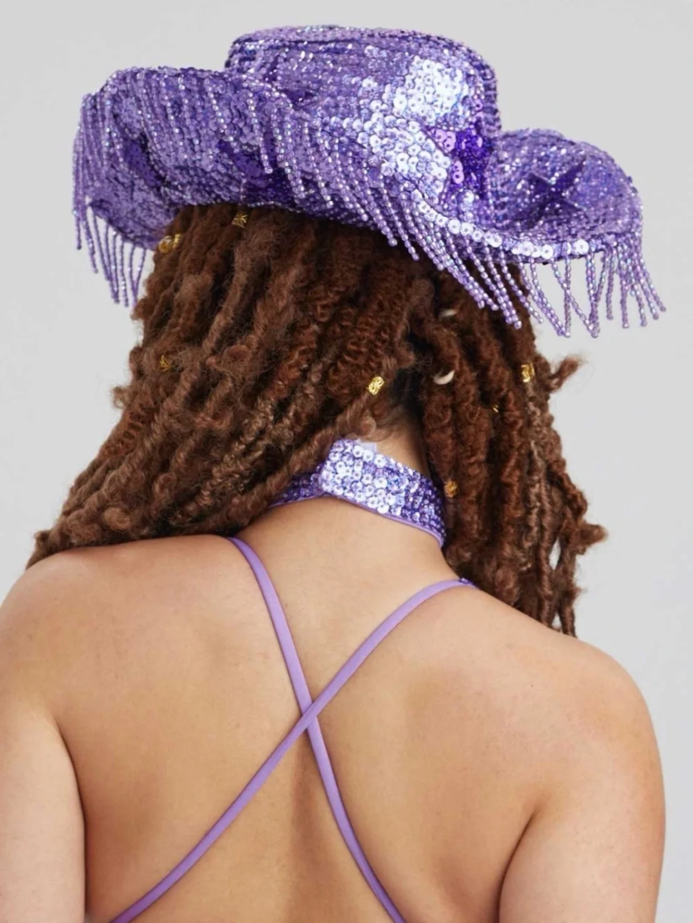 Purple Sequin Fringe Cowboy Hat & Matching Choker Set